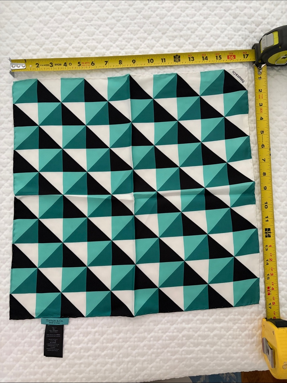 Tiffany & Co. Geometric Silk Square Scarf - Teal, Black & White